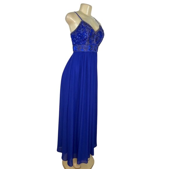 Sue Wong Royal Blue Beaded Maxi Dress With Spaghetti Straps & V-Neckline Size 2 - Picture 2 of 9